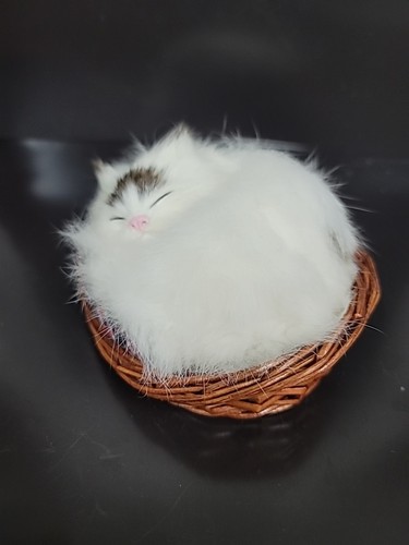 Vintage Real Rabbit Fur Sleeping Cat Figure Black & White - Picture 3 of 9