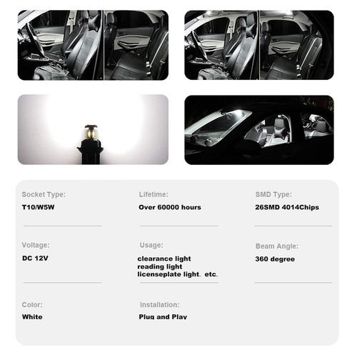 10Pcs W5W T10 LED Bulbs 4014 26SMD Car Interior Dome Roof Lamp License5283 - Bild 6 von 10