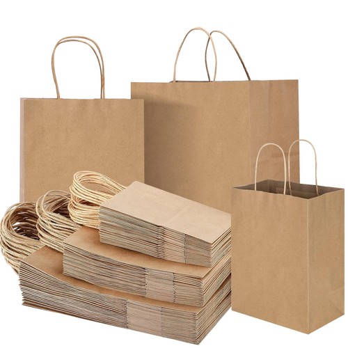 130 Pcs Brown Kraft Paper Bags with Handles - Bulk Assorted Sizes for Retail,...