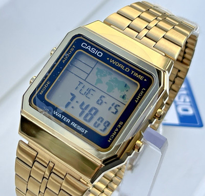 CASIO VINTAGE A500WGA-1DF UNISEX GOLD TONE DIGITAL WORLD RETRO DIAL UHR *NEU*