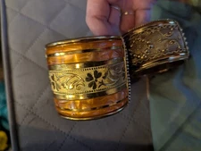 Bracelet Bangle Cuff Hinged Spring Orange Gold Tone Floral Band