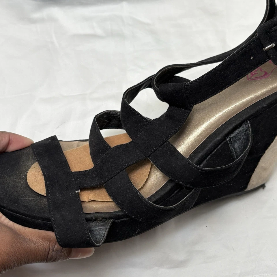 Y2K Black & Beige Suede Strappy Wedge Heels - Image 4 of 4