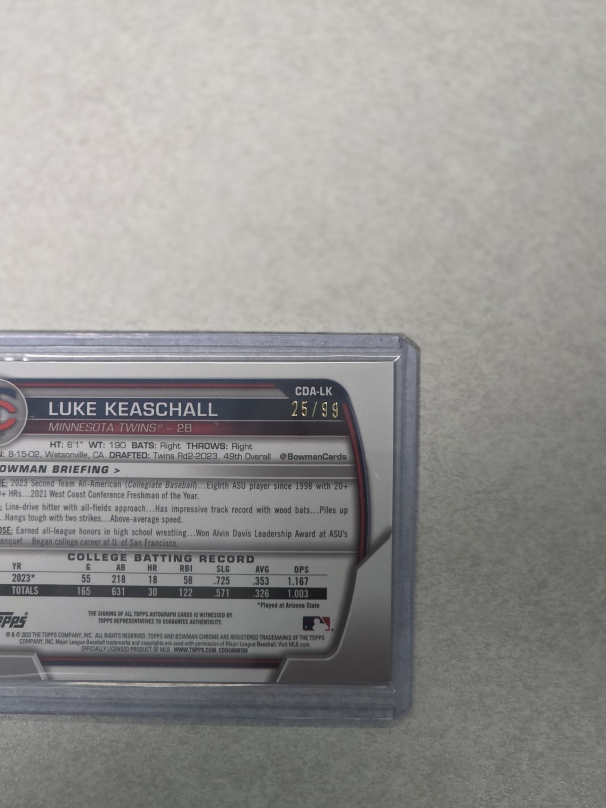 LUKE KEASCHALL 2023 BOWMAN CHROME DRAFT 1ST GREEN LAVA AUTO /99 #CDA-LK view 3