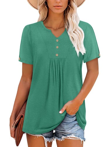ONLYSHE Ladies Tops Summer Clothing Short Sleeve Shirts Trendy V-neck Buttons... - Picture 2 of 4