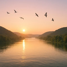 Sunset River Digital Download, Birds Over Water Landscape Print, Nature Wall Art