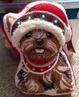 NWT! VELVET EMBROIDERED XMAS SANTA YORKSHIRE TERRIER DOG SHAPED PILLOW 16 X 16 !