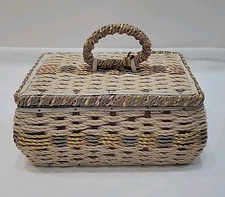 Vintage Dritz Wicker Woven Sewing Basket Box MCM Japan  Baby Blue 9x6x4