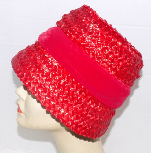 Vintage 50s 60s Red Woven Straw Bucket Hat Betmar Velvet Ribbon - Picture 2 of 6