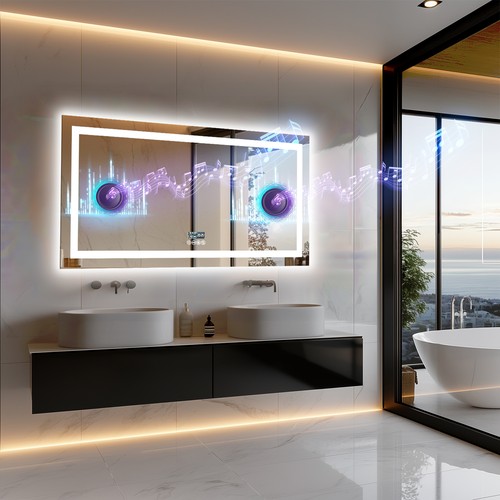 Espejo de baño inteligente iluminado LED sin niebla altavoz Bluetooth pantalla digital - Imagen 25 de 34