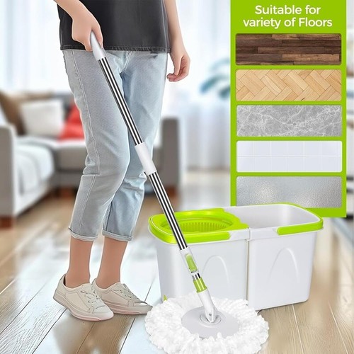Spin Mop Bucket Set W/ Wringer Adjustable Stainless Handle Microfiber Heads New - Picture 8 of 8