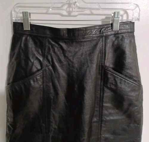 Vintage Bellino Paris Mode Midi Black Leather Skirt Size 10 Front Pockets VTG - Picture 3 of 10