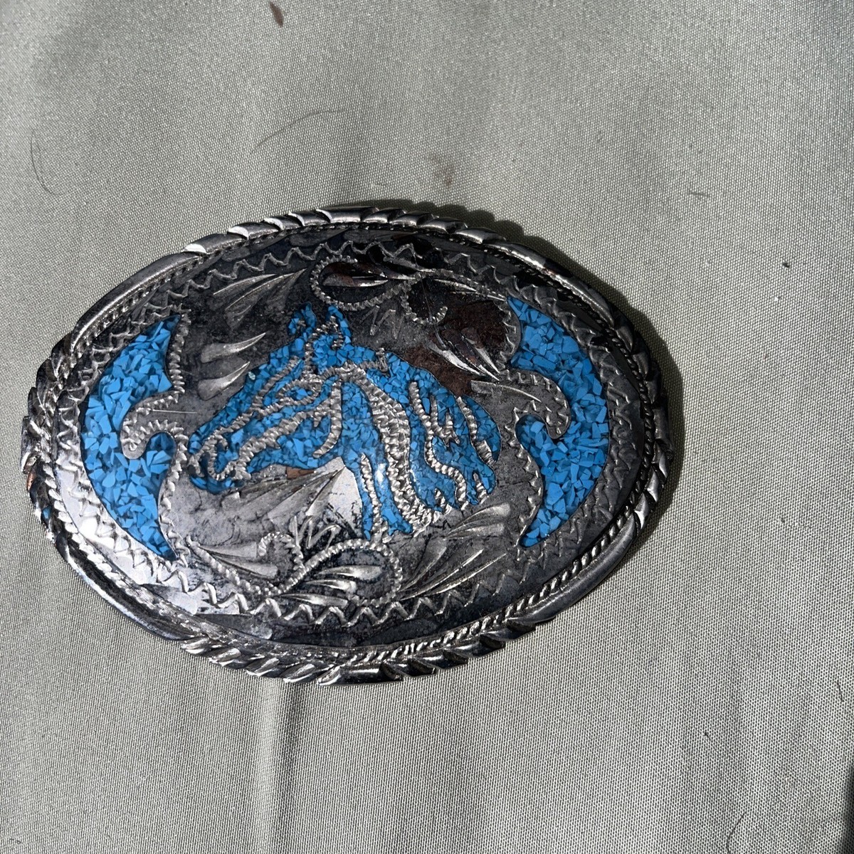 Vintage | Horse Motif Belt Buckle with Turquoise Accents Belt, A Vintage, Buckle, Inlay, Horse Profiles, Turquoise  main image 4