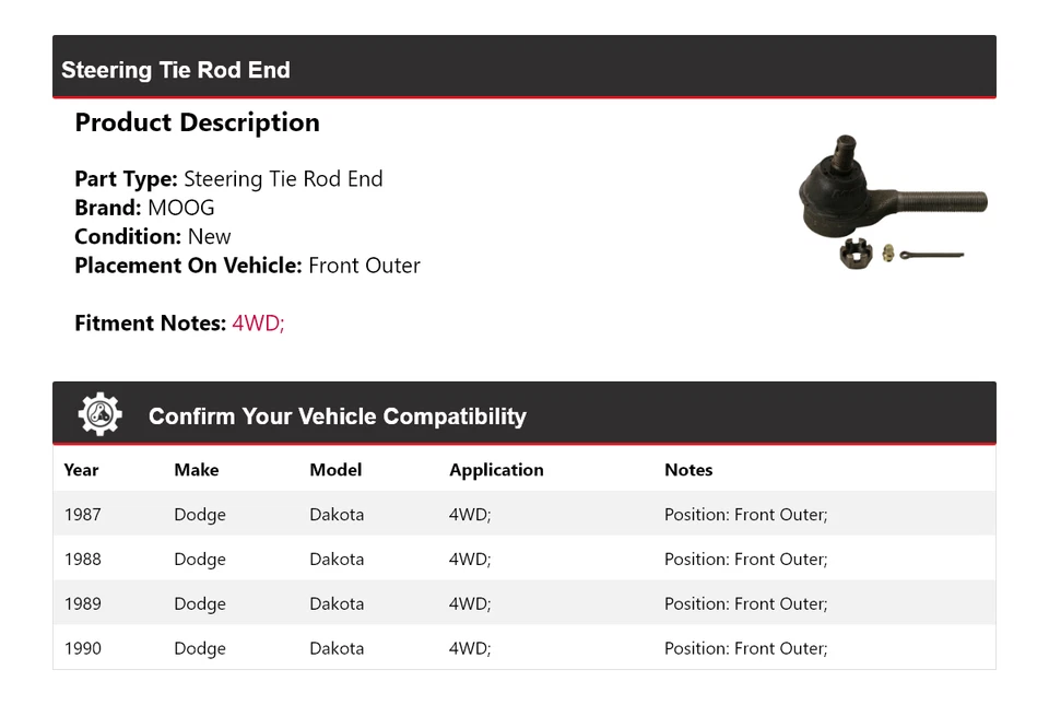 Para Dodge Dakota 1987-1990 4x4 extremo de barra de dirección delantero exterior MOOG 1987 1988 Foto 2 de 4
