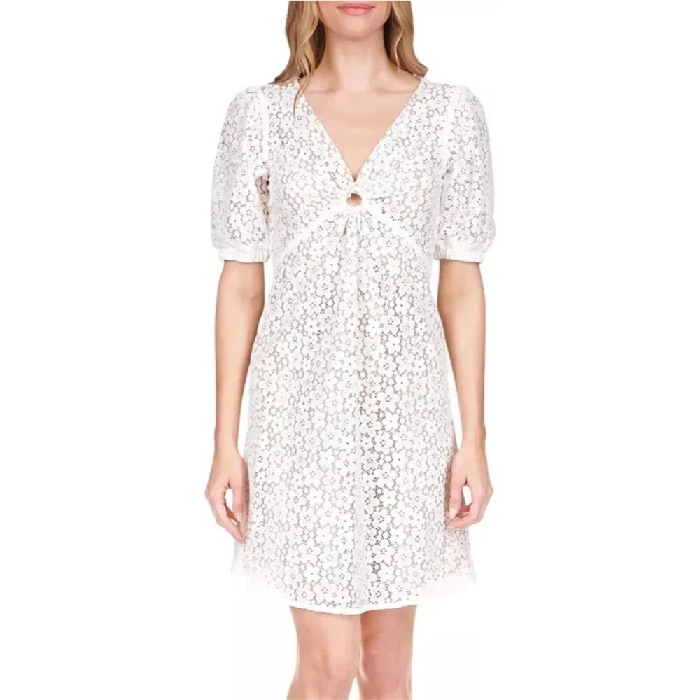 Mini abito Michael Kors bianco pizzo manica a sbuffo buco della serratura taglia 8 nuovo con etichette $144