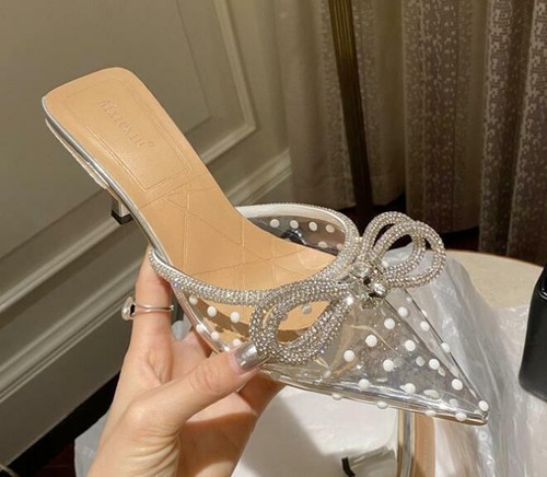 Womens Trendy Pointy Toe Diamante Bowknot Wave Point Mules Mid Heels Slippers - Picture 12 of 21