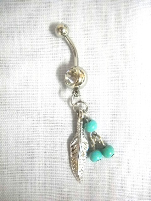 NEW FEATHER & 3 BLUE TURQUOISE DANGLING BEADS on 14g CLEAR CZ BELLY RING BARBELL NEW FEATHER & 3 BLUE TURQUOISE DANGLING BEADS on 14g CLEAR CZ BELLY RING BARBELL