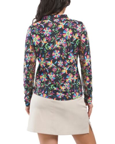 NEW IBKUL TENNIS GOLF LONG SLEEVE ZIP MOCK NECK, ESTELA BLACK MULTI, SIZE: XL - Picture 2 of 2