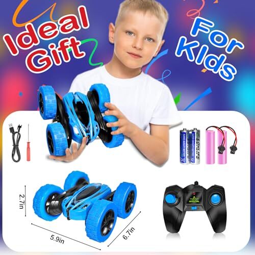 Remote Control Stunt Car for Boys: RC Car 4WD Double-Sided Driving Cars 6 Blue - Picture 8 of 8