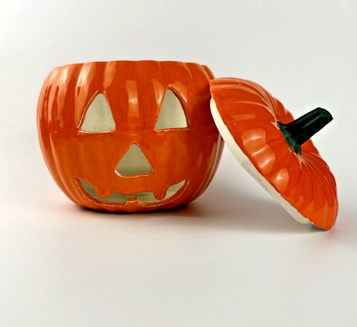Halloween Pumpkin Jack O'Lantern Ceramic Candle Holder With Lid 6.5x6.5โ ๐ - Picture 2 of 5