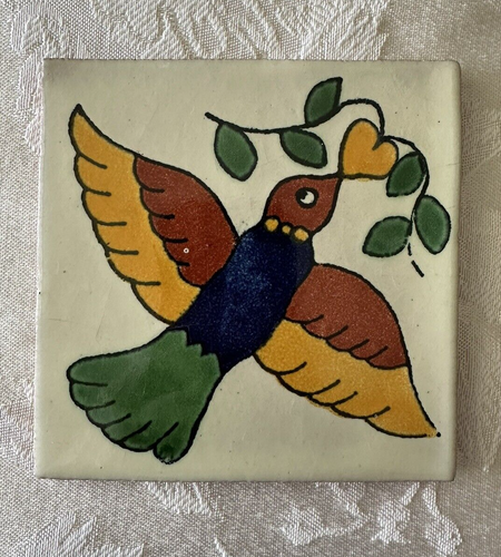Mexican Red Clay Tile Bird Folk Art Handmade Talavera Backsplash Hand painted 4" - Picture 8 of 8