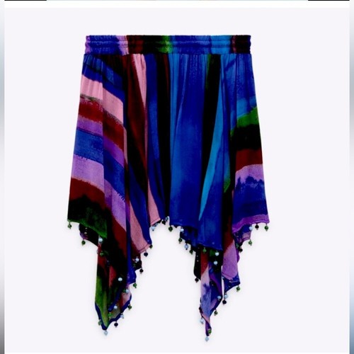 NWT Zara beaded hem Tie Dyed Chiffon Printed Multi Blue Asymmetrical Skirt sizeL - Picture 5 of 7