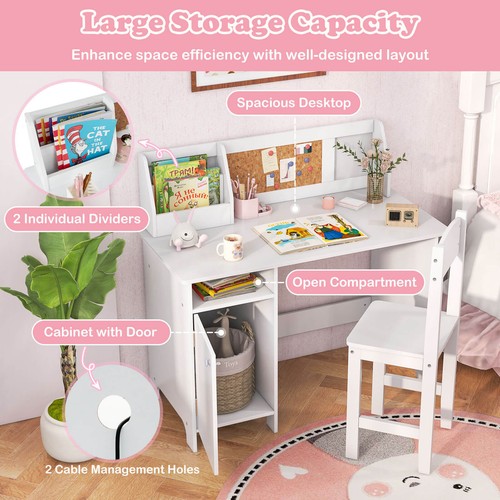 Kids Study Desk w/ Chair Children Table & Chair Set w/ Whiteboard White - Picture 6 of 10