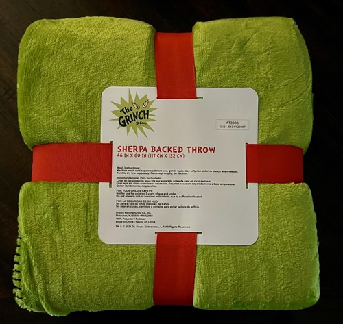 New!! Dr. Seuss The Grinch Sherpa Back Throw Blanket 46x60 Holiday Decor - Picture 2 of 5