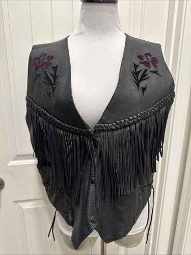 Women Leather Fringe Vest Highway One SZ L Cut Flowers Braided Accents Motorcycl - Picture 1 of 24