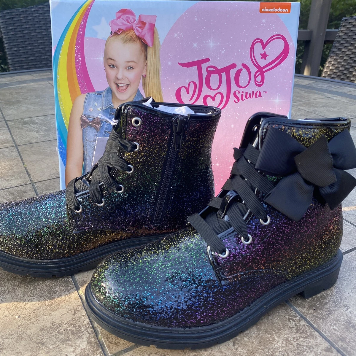 JoJo Siwa GIRLS MOTO Combat BOOTS Shoes Glitter Rainbow BOW Sz 2