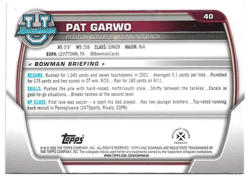 PAT Patrick GARWO 2022 Bowman Chrome University Purple Shimmer - Nevada Wolfpack - Picture 2 of 2