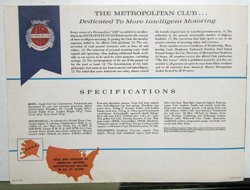 1959 Metropolitan 1500 Dealer Large Sales Brochure Folder Luxury In Miniature - Picture 5 of 5
