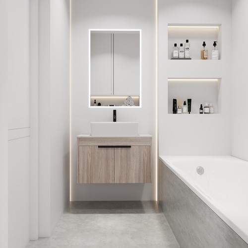 Gabinete de tocador de baño flotante de montaje en pared de 30" con lavabo de cerámica juego de 2 puertas - Imagen 2 de 9