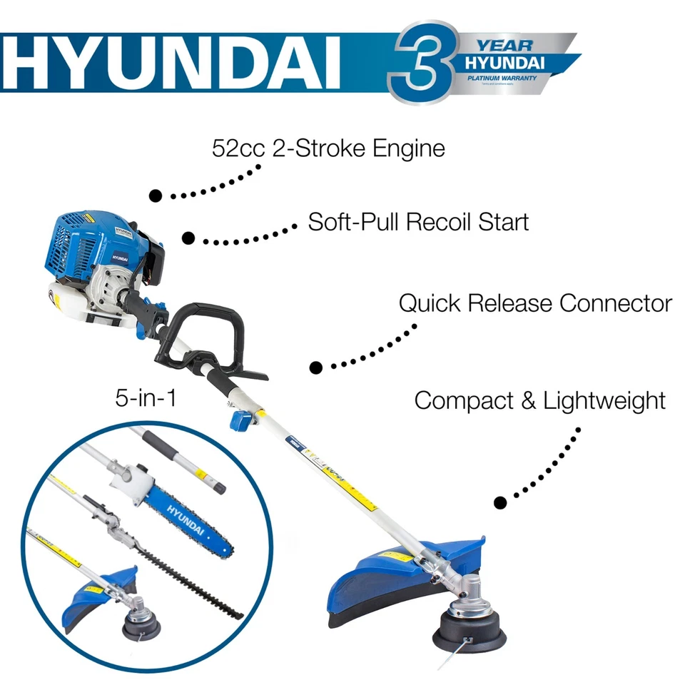 Petrol Garden Multi Tool 52cc 5 in 1 Chainsaw, Strimmer, Hedge Trimmer Hyundai - Image 2 of 4