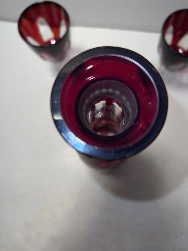 Handmade Knobler Ruby Cut to Clear Etched Duck Glass Decanter w/ 5 Wine Glasses - Picture 9 of 12