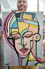 CORBELLIC ORIGINAL PAINTING 12X16 MOSAIC WOMAN CUBISM PORTRAIT CANVAS HOME ART 