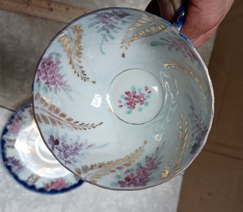 Platillo de taza de té vintage antiguo de porcelana azul pintado a mano - Imagen 7 de 11