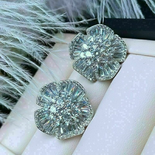 2.40Ct Baguette Lab Created Diamond Flower Stud Earrings 14K White Gold Plated