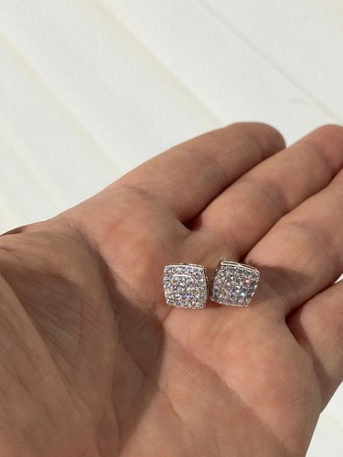 Real Solid 925 Silver Iced Simulated Diamond Earrings Screw Back Square Men's - Picture 4 of 12