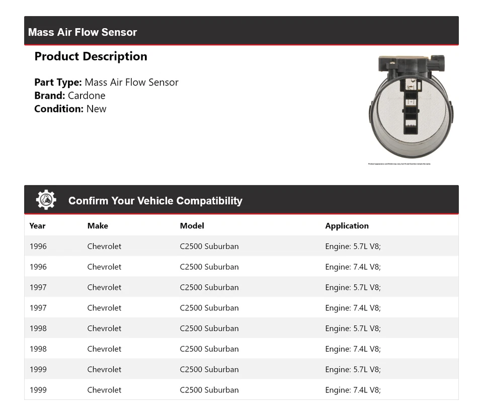 Sensor de flujo de aire másico Cardone 1997 1998 para Chevrolet C2500 Suburban 1996-1999 Foto 2 de 4