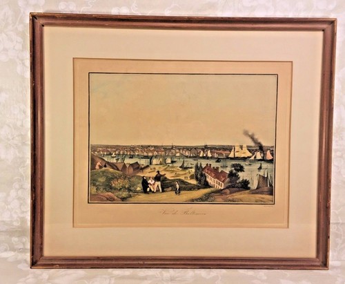 Ant French "Vue De Baltimore" Harbour Engraving by A Garneray Engraver Framed
