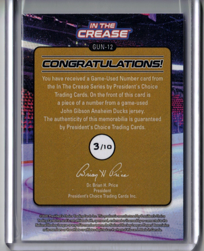 JOHN GIBSON Presidents Choice Game-Used Anaheim Ducks Number Patch Card #'d 3/10 - Picture 2 of 2