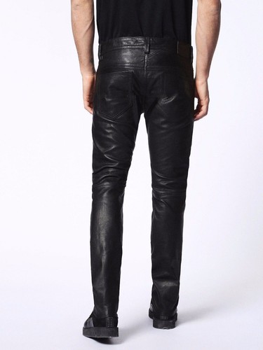 Leather Pants Men Pant Trousers Slim Biker Fit Men's Jeans Style Real Black 46 - Picture 2 of 4
