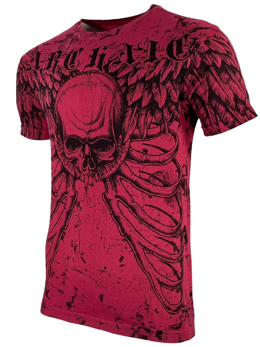 ARCHAIC by AFFLICTION Men's T-Shirt COLLISON Red Biker Skull