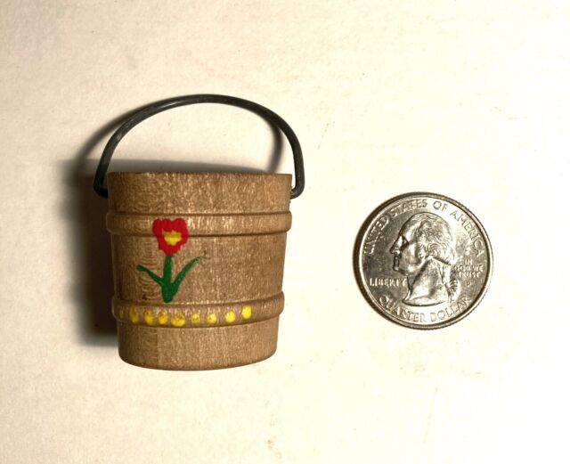 Vintage Dollhouse Miniature Wooden Bucket 1:12 One Red Painted Flower Dots Vintage Dollhouse Miniature Wooden Bucket 1:12 One Red Painted Flower Dots