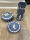 Set Of 3 Original Blue Wedgwood Jasperware-Vase, Trinket Box, Plate