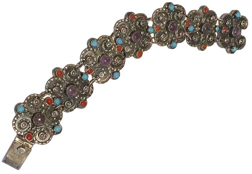 VINTAGE STERLING SILVER REPOUSSÉ CORAL AMETHYST ARTISAN PANEL LINK BRACELET - Picture 5 of 22
