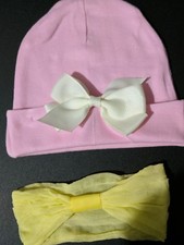 Baby girl beanie pink hat cream bow barrett clip yellow headband 0-6months