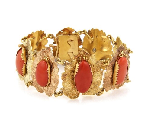 Cabochon Coral Textured Leaf 18k Two Tone Gold Link Bracelet - Picture 2 of 5