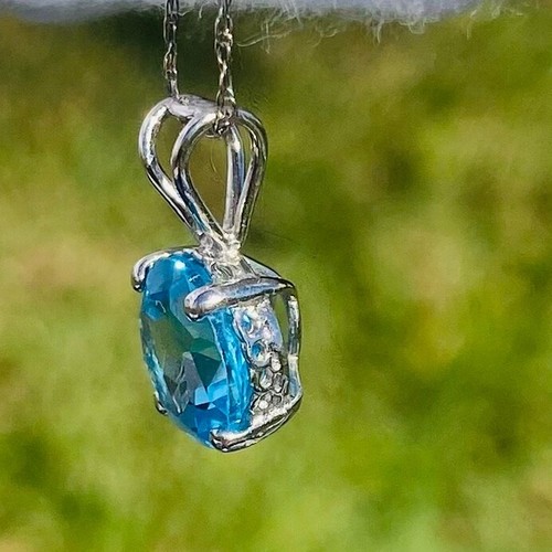 14K White Gold Blue Topaz Solitaire Signed Pendant + 10K Chain Necklace - Picture 10 of 21