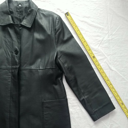 Vintage Long Black Leather Jacket Retro Lined Heavy Pockets Buttons UK 16 - Picture 8 of 12